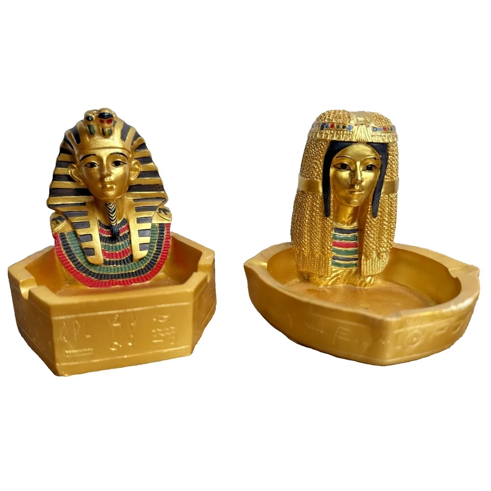 Egyptian Ashtray Set King Tut Cleopatra Gold Colored Resin Egypt Pharaoh Theme